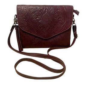 Leather Floral Embossed Envelope Crossbody Wristlet Bag Brown Made in Mexico